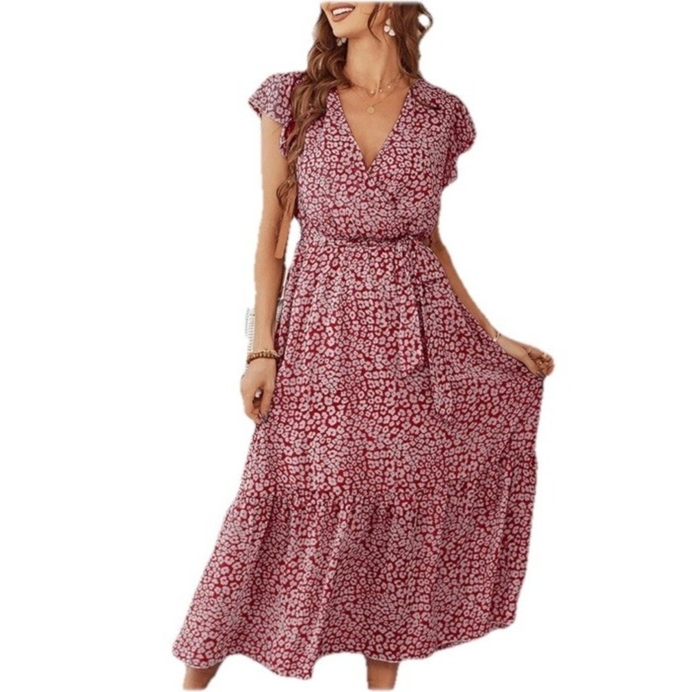 Tie Front V-Neck Sh/Sl Floral Print Long Midi Dress Medium Boho Burnt Orange
